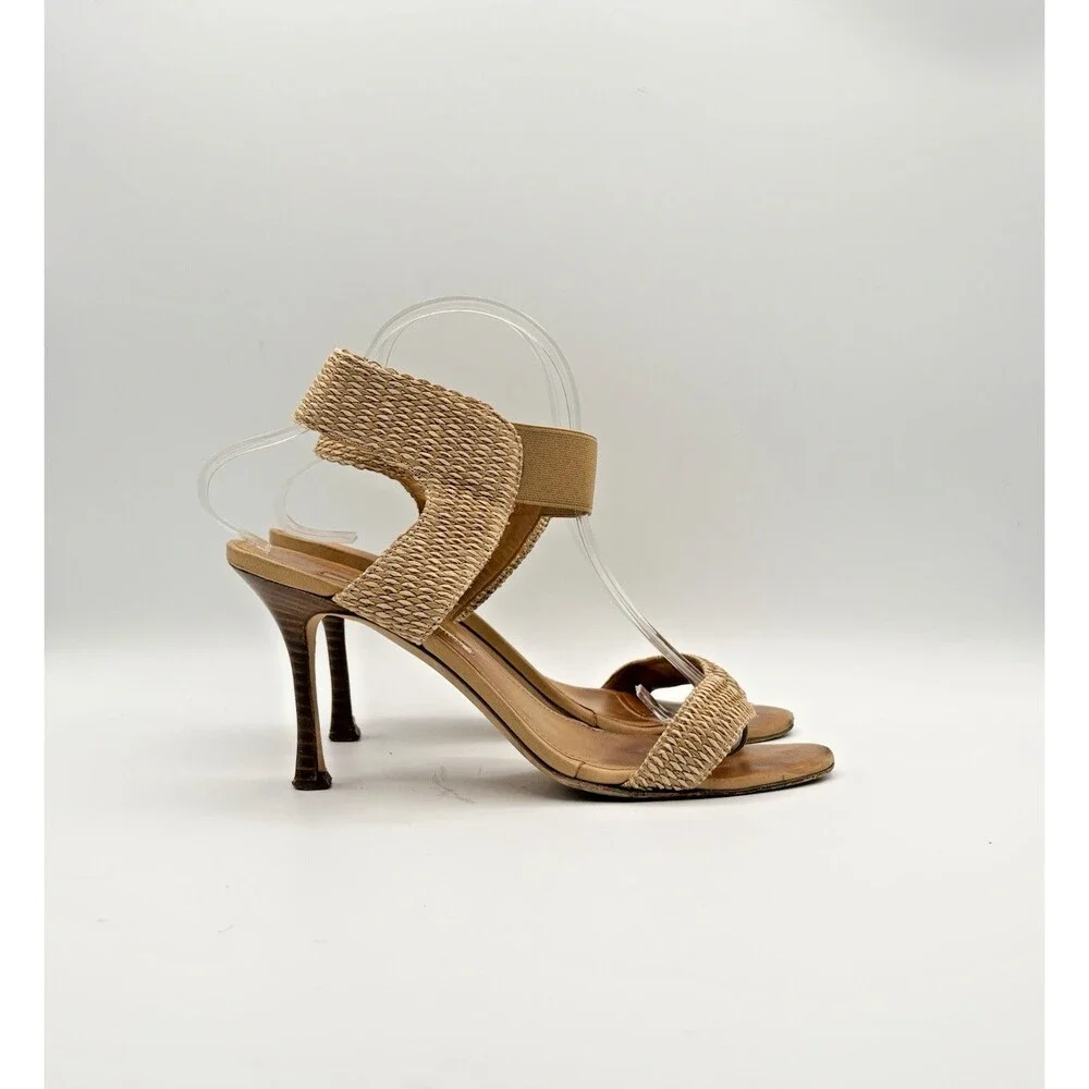 Manolo Blahnik Beige Tan Rattan Ankle Strap Heels Vintage Y2K Size EU 39